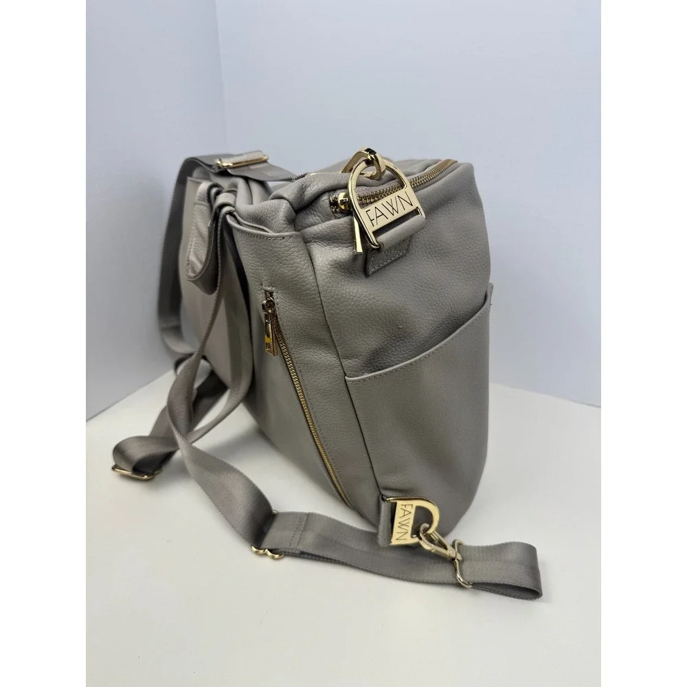 FAWN‎ DESIGN Diaper Bag Backpack Gray Faux Leather Large Baby Bag + Wristlet